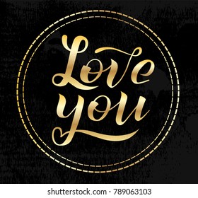 Hand drawn Love you golden lettering text on black textured background, vector illustration. Love you for invitation, banner, logo and postcards. Wedding phrase. Happy St valentines day calligraphy.