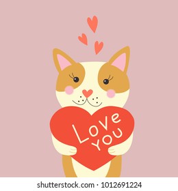 Hand drawn Love you typography lettering poster with cute little red and white kitten in love, with hearts under his head. Vector cat picture for Valentines Day, Mothers Day, wedding greeting card.