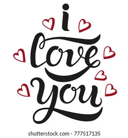 Hand drawn I love you typography lettering poster with hearts near the text. Vector illustration for greeting cards, Valentines Day, Mothers Day, wedding and birthday cards. EPS 10 file.