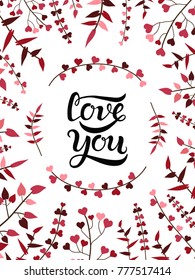 Hand drawn Love you typography lettering poster with hearts near the text. Vector illustration for greeting cards, Valentines Day, Mothers Day, wedding and birthday cards. EPS 10 file.