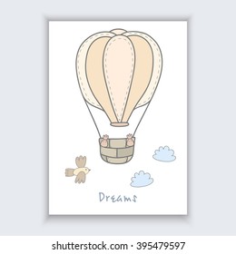 Hand Drawn lovely of air balloon - cute postcard made in vector. Printable template.