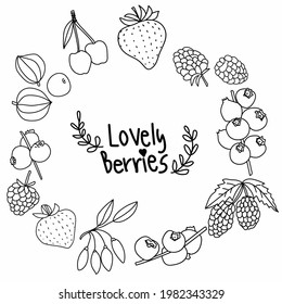 Hand drawn lovely berries fruit in wreath pattern. Vector illustration on white background