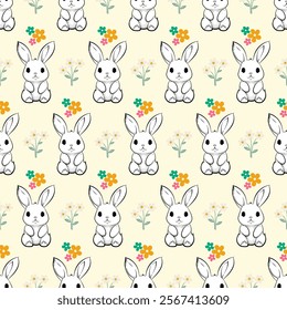 Hand Drawn lovely Bunny and Flower background. vector seamless pattern. Design for background, wrapping paper, textile, wallpaper and Valentine festival decoration.