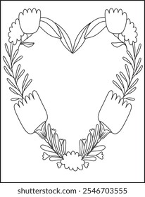 Hand drawn lovely and line art floral heart illustration0Coloring Page For Kids.