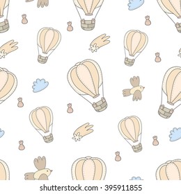 Hand Drawn lovely pattern background of air balloon -made in vector. Printable template.