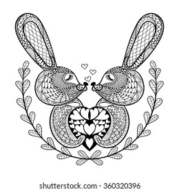 Hand drawn lovely rabbit for St. Valentine's day in doodle, zentangle style for adult coloring pages, artistically ethnic tattoo, ornamental t-shirt or patterned prints. Vector illustration.