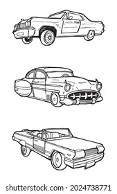 Hand drawn low rider cars arranged in set collection, simple outline illustration. Original poster pen drawing of iconic cars. Three different authentic vehicles with engine. Attractive car symbols.
