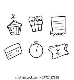 hand drawn Loyalty card, incentive program vector icon set, earn bonus points for purchase, discount coupon, limited time period, cash back, redeem gift, grocery basket.doodle vector