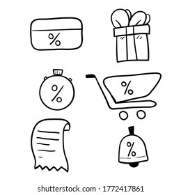 hand drawn Loyalty card, incentive program vector icon set, earn bonus points for purchase, discount coupon, limited time period, cash back, redeem gift, grocery basket.doodle vector
