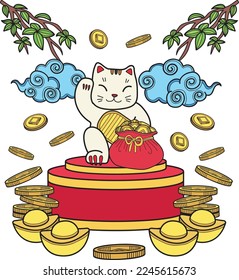 Hand Drawn lucky cat with money illustration isolated on background