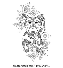Hand drawn of lucky cat in zentangle style