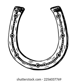 Hand drawn lucky horseshoe. Vintage vector engraving illustration for infographic, poster, logo or pictogram. Black on white background