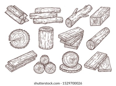 Hand drawn lumber. Sketch wood logs, trunk and planks. Stacked tree branches, forestry construction material vintage vector set