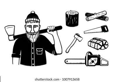 Hand drawn lumberjack isolated icons set. Vintage lumberjack emblem elements. Woodsman character. Vector illustration