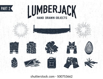 Hand drawn lumberjack textured icons set 2. Vector illustrations.