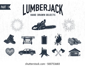 Hand drawn lumberjack textured icons set 1. Vector illustrations.