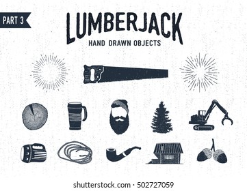 Hand drawn lumberjack textured icons set 3. Vector illustrations.