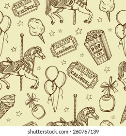 Hand drawn luna park vintage seamless pattern. Cotton candy, carousel horse, pop corn, air balloons, candy apple, ice cream, tickets