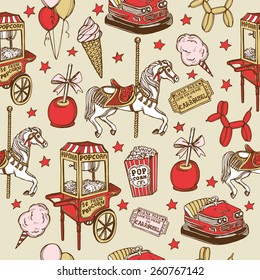 Hand drawn luna park vintage seamless pattern. Carousel horse, pop corn, balloon dog, candy apple, ice cream, amusement park tickets, air balloons, bumper car, popcorn machine, stars