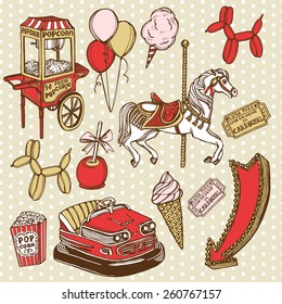 Hand drawn luna park vintage set. Carousel horse, pop corn, balloon dog, candy apple, ice cream, amusement park tickets, air balloons, bumper car, popcorn machine. Polka dot background