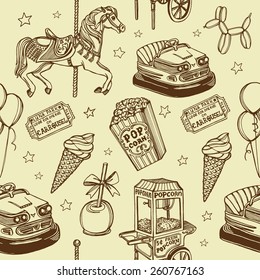 Hand drawn luna park vintage seamless pattern. Carousel horse, pop corn, balloon dog, candy apple, ice cream, carousel tickets, air balloons, bumper car, popcorn machine. 