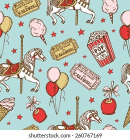 Hand drawn luna park vintage seamless pattern. Cotton candy, carousel horse, pop corn, air balloons, candy apple, ice cream, amusement park tickets