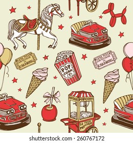 Hand drawn luna park vintage seamless pattern. Carousel horse, pop corn, balloon dog, candy apple, ice cream, amusement park tickets, air balloons, bumper car, popcorn machine