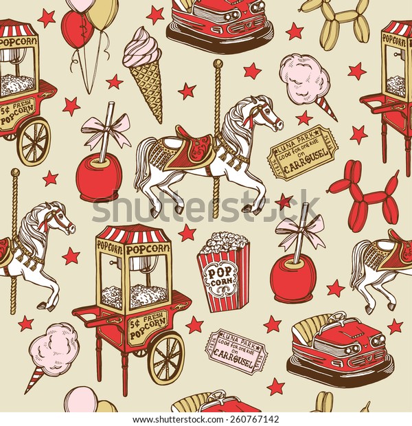 Hand drawn\
luna park vintage seamless pattern. Carousel horse, pop corn,\
balloon dog, candy apple, ice cream, amusement park tickets, air\
balloons, bumper car, popcorn machine,\
stars