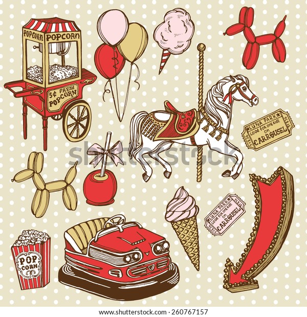 Hand\
drawn luna park vintage set. Carousel horse, pop corn, balloon dog,\
candy apple, ice cream, amusement park tickets, air balloons,\
bumper car, popcorn machine. Polka dot\
background