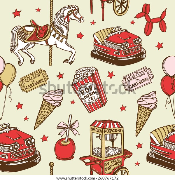 Hand drawn luna\
park vintage seamless pattern. Carousel horse, pop corn, balloon\
dog, candy apple, ice cream, amusement park tickets, air balloons,\
bumper car, popcorn\
machine