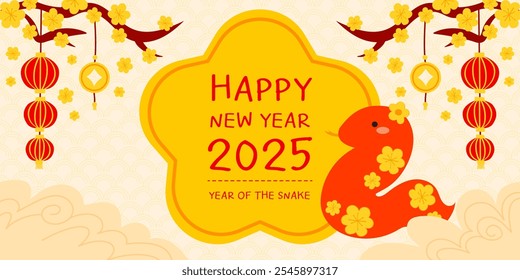 Hand drawn Lunar New Year 2025 Poster Template.illustration of Lanterns, Cloud,snake,flower.