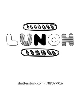 Hand drawn lunch logo for cafe with bread. Sketch illustration