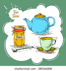 Hand drawn lunch set include Cup, saucer, tea pot, dessert can use for labels