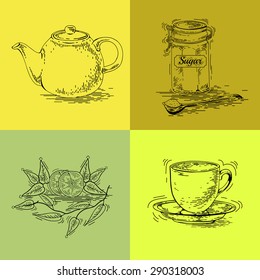 Hand drawn lunch set include Cup, saucer, tea pot, dessert can use for labels