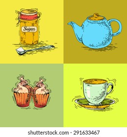 Hand drawn lunch set include Cup, saucer,tea pot, dessert can use for labels