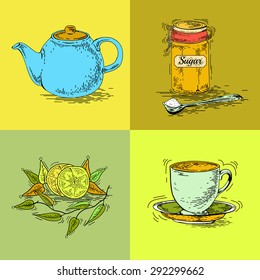 Hand drawn lunch set include Cup, saucer, tea pot and dessert can use for labels