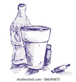 hand drawn lunch vector set of the coffee cup with banana syrup and a sweet candy