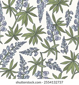 Hand drawn lupin flower branches seamless pattern