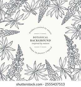 Hand drawn lupin flower branches frame