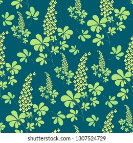 Hand drawn lupine flower, repeat seamless vector pattern, light green and yellow silhouettes on blue green background.