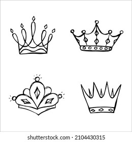 Hand drawn luxurious royal crowns in doodle or sketch style. A rough draft of the crown.