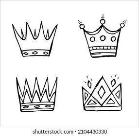 Hand drawn luxurious royal crowns in doodle or sketch style. A rough draft of the crown.