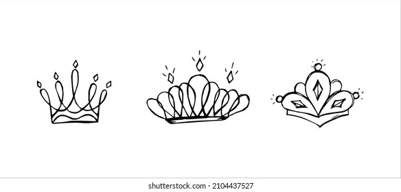 Hand Drawn Luxurious Royal Crowns In Doodle Or Sketch Style. A Rough Draft Of The Crown.