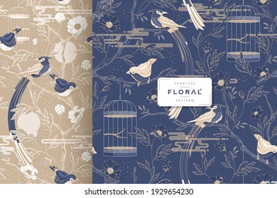 hand drawn luxury birds and floral seamless pattern