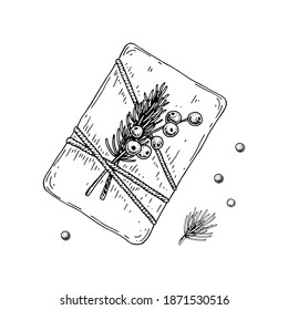 Hand drawn luxury gift box. Top view. Vector illustration in a sketch style isolated on white background