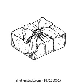 Hand drawn luxury gift box with a bow. Vector illustration in a sketch style isolated on white background