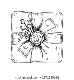 Hand drawn luxury gift box with a bow. Top view. Vector illustration in a sketch style isolated on white background