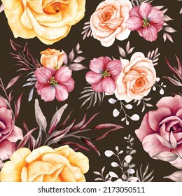 Hand drawn luxury red and yellow floral watercolor pattern