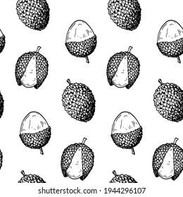 Hand drawn lychee fruit seamless pattern. Vector illustration in botanical sketch style