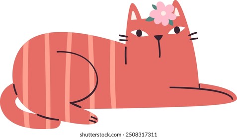 Hand Drawn Lying Cat With Flower Vector Illustration